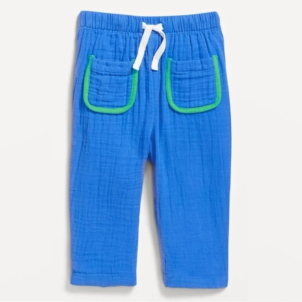 Old Navy Blue Muslin Pants with Green Trim Pockets